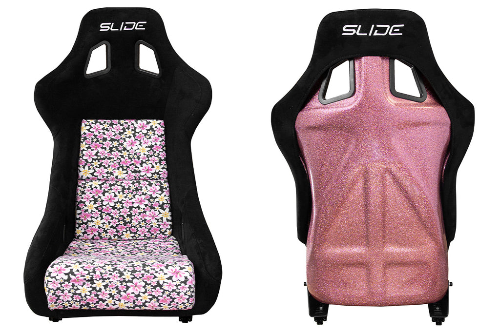 Racing seat SLIDE KS2 Premium Black & Flowers Suede Light Pink Glitter